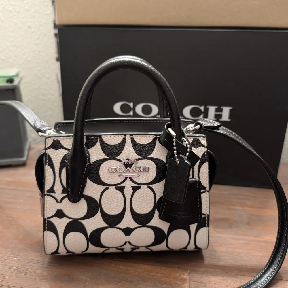 Coach Black and White Signature Mini Andrea Carryall Satchel/Crossbody - Picture 1 of 9